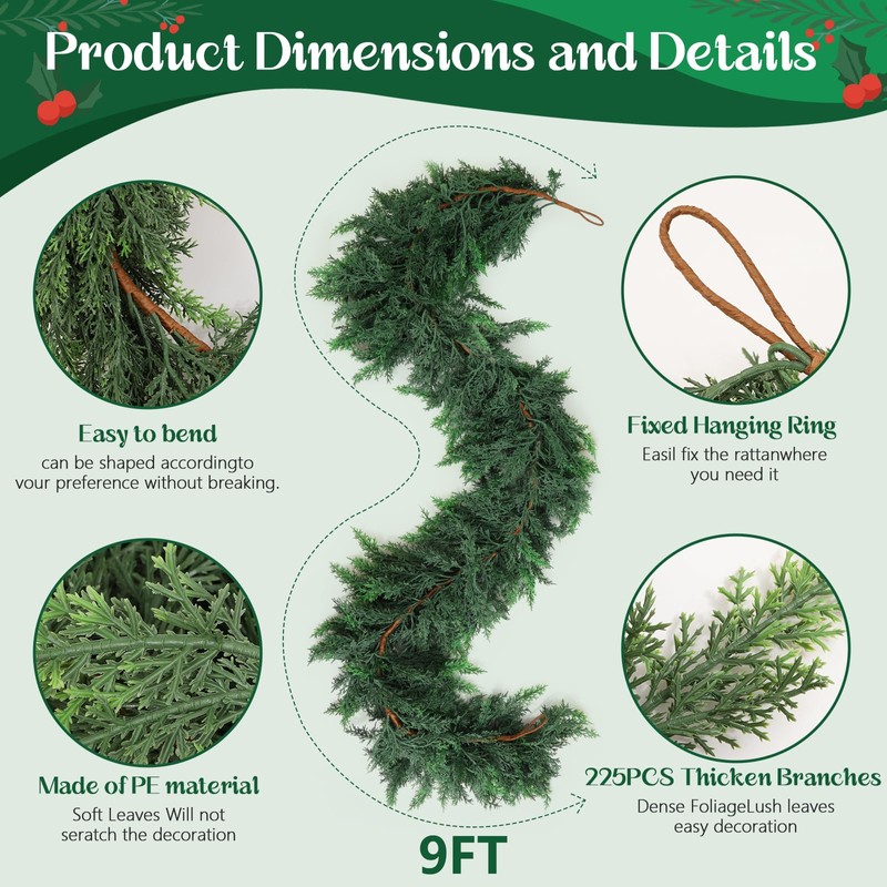 Christmas Cedar Garland with Soft Thickness Pine,Thick and Lush,Artificial Green