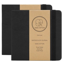 Vienrose Watercolor Sketchbook 2 Pack, 5.5"x5.5" Watercolor Journal with 24 Sheets 48 Pages 140 LB (300 GSM) Cotton Watercolor Paper, Black Leather Cover Water Coloring Sketch Book As Travel Notebook