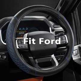 West Llama Car Steering Wheel Cover for Ford Escape,Explorer,Fusion,Focus,Bronco,Transit,Edge(Diamond Quilted-Black+Blue- Standard Size)