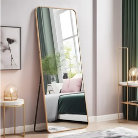 NeuType 65"x22" Full Length Mirror Floor Mirror with Stand Large Bedroom Mirror Wall-Mounted Mirror Standing or Leaning Against Wall Aluminum Alloy Frame Dressing Mirror, Golden, Round Corner