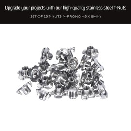 Bolt Dropper T-Nuts - Stainless Steel 4-Pronged Tee Nut, M5x8mm - Dependable Hardware for Fastening Wood, Particle or Composite Material Workpieces - Set of 25