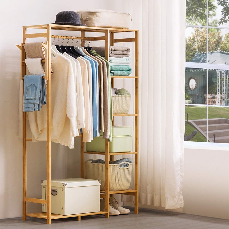 Ufine Bamboo Garment Rack 6 Tier Storage Shelves Clothes Hanging