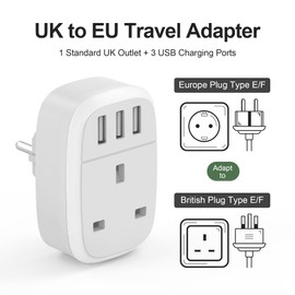 Iroussa UK to European Adapter Plug with 3 USB Ports, EU Schuko Travel Euro Europe Grounded Charger for Germany France Spain Turkey Russia Iceland Greece Poland Portugal Austria Netherlands(Type E/F)