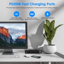 20W USB C Under Desk Power Strip Mountable,Total 40W Fast Charging Station with Ultra Flat Plug,1200J Surge Protector,5 Outlets,4 USB,10FT Flat Extension Cord