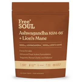 Ashwagandha KSM-66® + Lion’s Mane Complex | 5000mg Lion’s Mane + 2500mg Ashwagandha High Strength | Added + Zinc + Vitamin B6 | Cognitive & Mood Support | Vegan Tablets | Free Soul