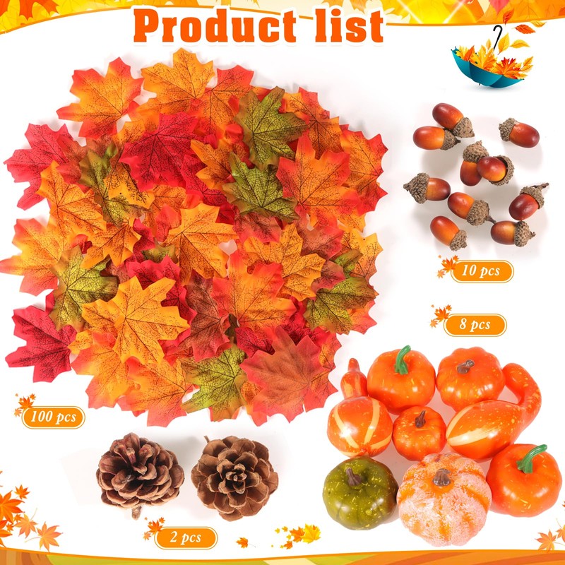HOWAF 120pcs Artificial Pumpkins Decorations Artificial Autumn Leaves Set, Fake