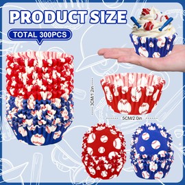 JarThenaAMCS 300Pcs Baseball Cupcake Liners Paper Baking Cups Blue Red Standard Muffin Cupcake Wrappers for Sports Fans Birthday Baby Shower Party Supplies