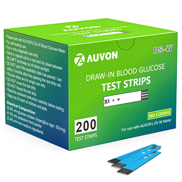 AUVON I-QARE DS-W Draw-in Blood Glucose Test Strips for use with AUVON DS-W Diabetes Sugar Testing Meter (No Coding Required, 200 Count)