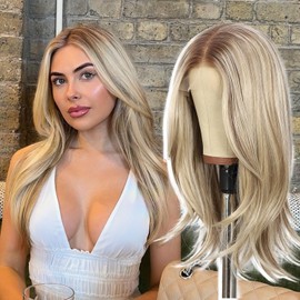 Blonde mix Brown 13x4 Layered Synthetic Lace Front Wig for Women 18IN