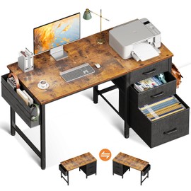 Casaottima 40-Inch Small Computer Desk with Fabric Drawers & File Cabinet, Home Office Desk with Cloth Storage Bag and Hook, Writing Study Work Table for Small Space, Vanity Desk for Bedroom, Vintage
