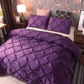 feelyou Twin Duvet Cover, 2Pcs Pinch Pleat Luxurious Decorative Softest Purple Brushed Microfiber Polyester Bedding Set with Zipper Closure