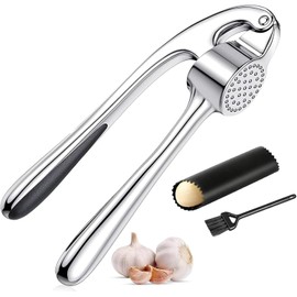 3 PCS Prensa de Ajo,Triturador de Ajo o Jengibre,Exprimidor de Ajos,con Pelador de Ajo de Silicona y Cepillo de Limpieza,Mango Ergonómico Fácil de Apretar,Herramienta de Cocina,Ajo Picado,Rallador