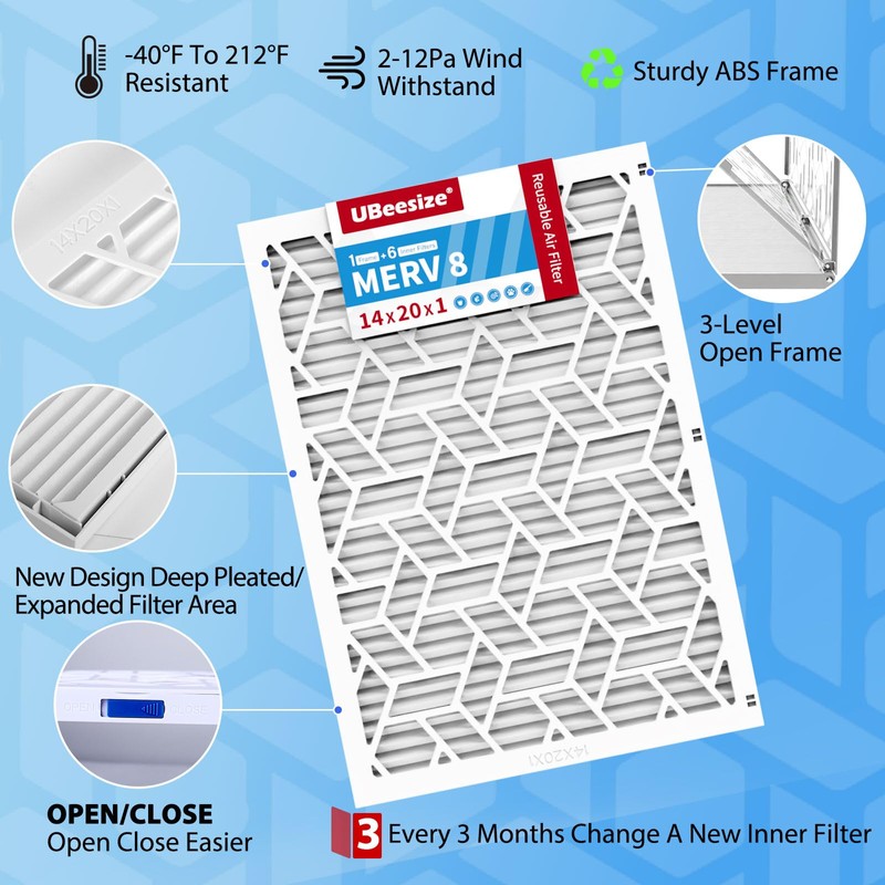 UBeesize Reusable 14x20x1 Air Filter(6-Pack),Upgrade AC/HVAC/Furnace Filter,MERV 8,MPR 700,Easy to