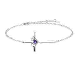 YZSFMZGE 925 Sterling Silver Birthstone Bracelet for Women - February Amethyst Cross Heart Adjustable Bracelet - Jewelry Gifts for Birthday