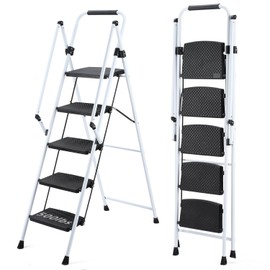 5-Step Folding Ladder Stool for Adults - Heavy Duty 300LB Collapsible Steel Step Ladder with Anti-Slip Pedals & Safety Handle, Space-Saving Portable Ladders for Home Kitchen and Outdoor Use, White