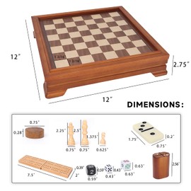 GSE Games & Sports Expert Wooden 7-in-1 Chess, Checkers, Backgammon, Dominoes, Cribbage Board, Playing Card & Poker Dice Game Combo Set (Deluxe)