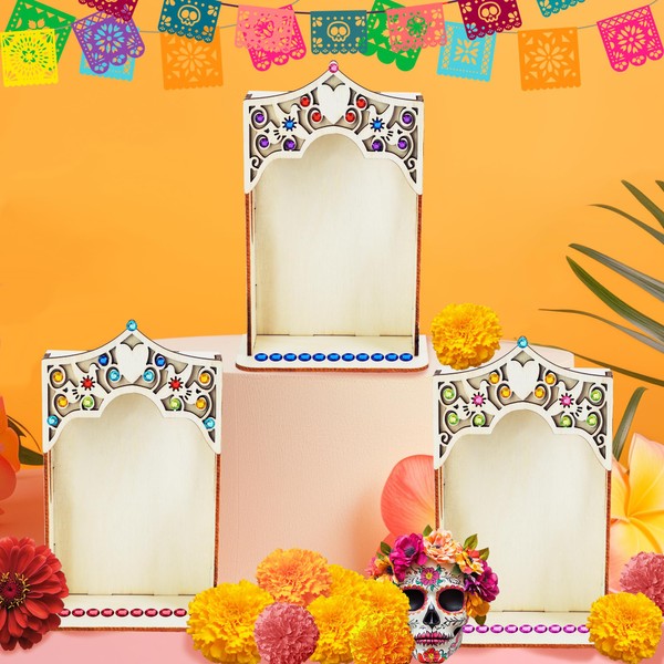 3 Pcs Dia De Los Muertos Ofrenda Shadow Box, Wooden