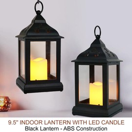 Bright Zeal 2-Pack 9.5" Vintage Decorative Candle Lantern with LED Flickering Flameless Candle (Black, 8hr Timer) - Indoor Hanging Lanterns Decorative Lanterns Battery Powered LED Candle Timer Candle
