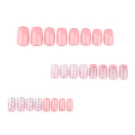 French Tip Press on Nails Medium Square Fake Nails Pink Glue on Nails with Star Lines Nail Art Decor Silver Star False Nails Reusable Artificial Acrylic Nails for Women Girls 24pcs