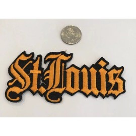 Unbranded VINTAGE IRON ON EMBROIDERED ST. LOUIS  PATCH.  4”x 2" GOLD -BLACK TRIM