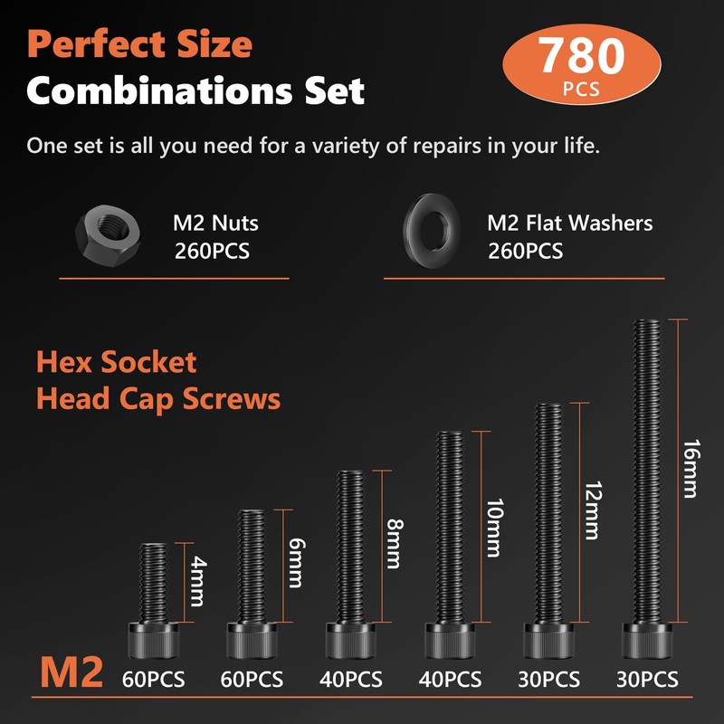780Pcs M2 Nuts and Bolts Set, Black Hex Socket Head
