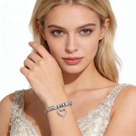 Harlorki Shiny Stainless Steel Adjustable Chain Rhinestone Love Heart Pendant Bracelet Birthday Cuff for Women Lady