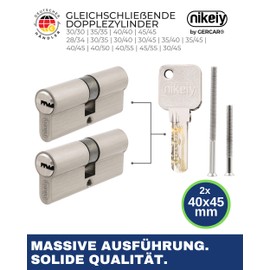 GERCAR Pro Profile Cylinder, 40/45 mm, Solid Locking Cylinder, Keyed Alike, Double Cylinder Lock, Matt Brass, Includes 10 keys, Reversible Key, Length: 85 mm, A:40 mm, B:45 mm, Set of 2