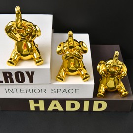 Cute Small Set of 3 Elephant Statues Home Décor Cool galvanize Elephant Figurines for Shelf, Living Room Office Desktop, Animal Sculptures Gifts, Decor Accents Items for Women (Golden)