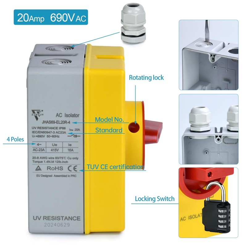 20 Disconnect Switch Box Outdoor, Isolator Switch, 4 Pole, IP66