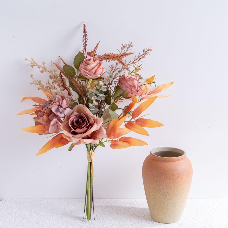 Yorkmills Artificial Roses with Vase, Silk Fake Hydrangea, Autumn Flowers