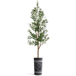 Artificial Tree in Elegant Black and White Floral Planter, Fake Olive Silk Tree for Indoor and Outdoor Home Decoration - 68" Overall Tall (Plant Pot Plus Tree)