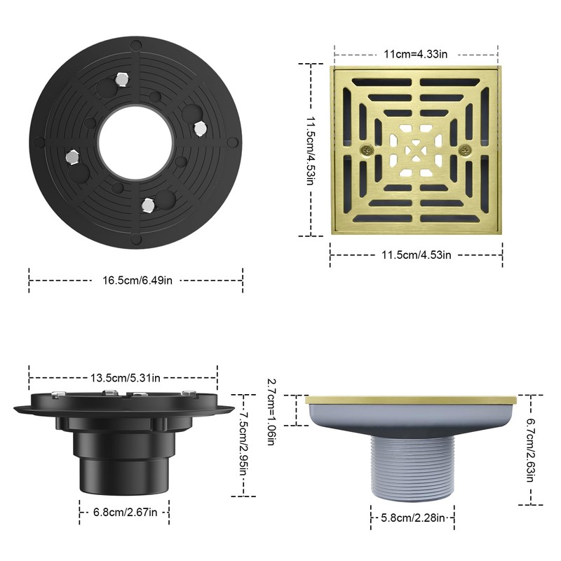 EXF Square Shower Drain 4 1/3 Inch Brushed Gold, Low
