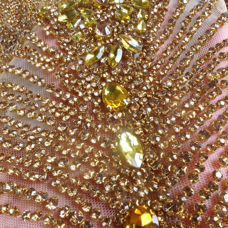 Labellezalay Gold Beaded Appliqué Patches Iron On, Rhinestones Bodice Applique