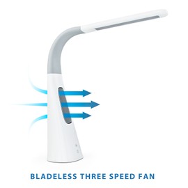 Turcom LED Desk Lamp with Fan, Cool Breeze Lamp with Bladeless Fan with Adjustable Neck, 3 Speeds and 5 Brightness Levels, White