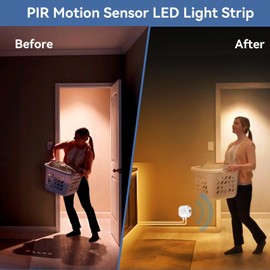 Motion Sensor LED Light Strip for Stairs 16.4FT, Warm White USB Powered Motion Activated Under Bed Night Lighting, Dimmable Auto On/Off LED Strip Lights for Bedroom Hallway Closet Cabinet Kitchen Desk