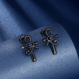 Beautlace Egyptian Eye of Horus Cross Stud Earrings Black Gun Plated Ankh Corss Earrings Eyes Jewelry Gifts for Men and Women KE0026K