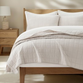 EVERGRACEHOME 100% Cotton Box Stitch Quilt Bedding Set King Size 3 Pieces, Garment-Washed Lightweight Soft Cozy Coverlet, Oversized Quilted Bedspread Sets with 2 Shams for All Season, Birch