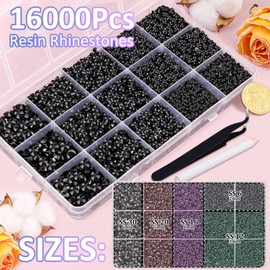 16000Pcs Resin Jelly Rhinestones with Tweezers for Crafting, Black 2-6mm Mixed Sizes Flatback Gems, Bedazzling Crystal for DIY Crafts Clothing Tumblers Mugs Shoes Fabric Nail Art