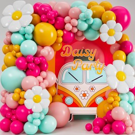 ALL-IN-1 Daisy Balloons Garland Kit & Arch with BONUS Daisies – Small and Large Pastel Pink Green Yellow Two Groovy Balloons – Daisy Party Decorations for Birthday or Baby Shower – Hippie Retro Floral