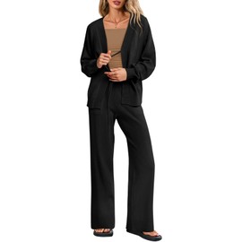 Tankaneo Womens 2 Piece Sweater Sets Oversized Tie Front Cardigan Elastic Waist Pants 2025 Matching Loungewear