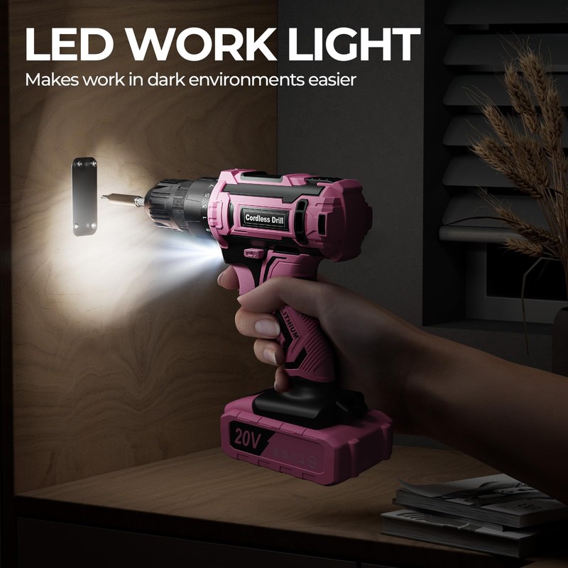 Pink Cordless Drill Set, Double 2000mAh Power Pack Electric Power