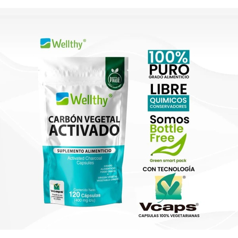 Carbón Vegetal Activado 120 Cápsulas - Wellthy Sabor Sin Sabor