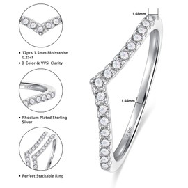 Yaresul Moissanite Chevron Rings for Women - V Shaped Wedding Band 925 Sterling Silver Curved Wedding Ring Moissanite Stackable Half Eternity Wishbone Rings Size 6