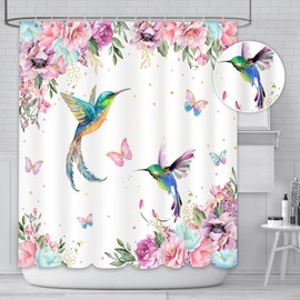 AIBIIN 180x180cm Watercolor Flower Hummingbird Shower Curtain for Bathroom Spring Pink Wildflower Polyester Fabric Botanical Shower Curtain with Hooks