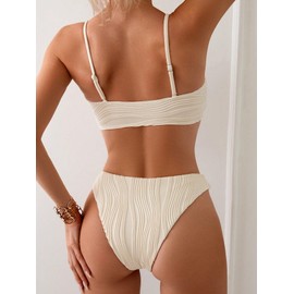 Fanuerg Women's Ribbed Bikini Sets U Wire Adjustable Spaghetti Straps Swimsuit Textured Ruched Two Piece Bathing Suit Beige XS
