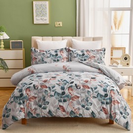 DJY Light Blue Duvet Cover Double Floral Bedding Set, Reversible Lightweight Leaves Bedding Sets 3PCS with Zipper Closure (Double, 200x200cm)