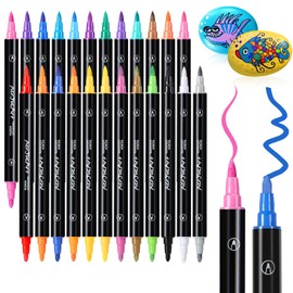 Diboniur 24 Colori Pennarelli Acrilici Doppia Punta, Punta Fine Pennello e Punta Media Set, Pennarelli Acrylic Marker Ad Acqua per Dipingere Sassi, Ceramica, Legno, Vetro, Tessuti, Colorare