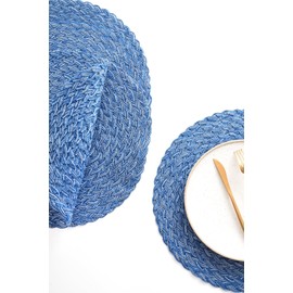 Floroom 15 Inch Round Braided Placemats Set of 4, Washable Heat Resistant Cotton Polyester Circle Boho Place Mats for Kitchen Dining Table - Seascape Blue