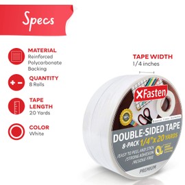 XFasten Double Sided Tape, Removable, 1/4-Inch by 20-Yards, Pack of 8 Ideal as a Gift Wrap Tape, Holding Carpets, and Woodworking