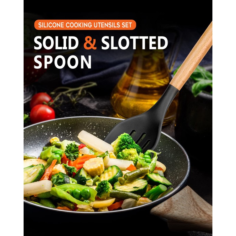 Large Silicone Cooking Spoons, 2 Pack Nonstick Solid and Slotted